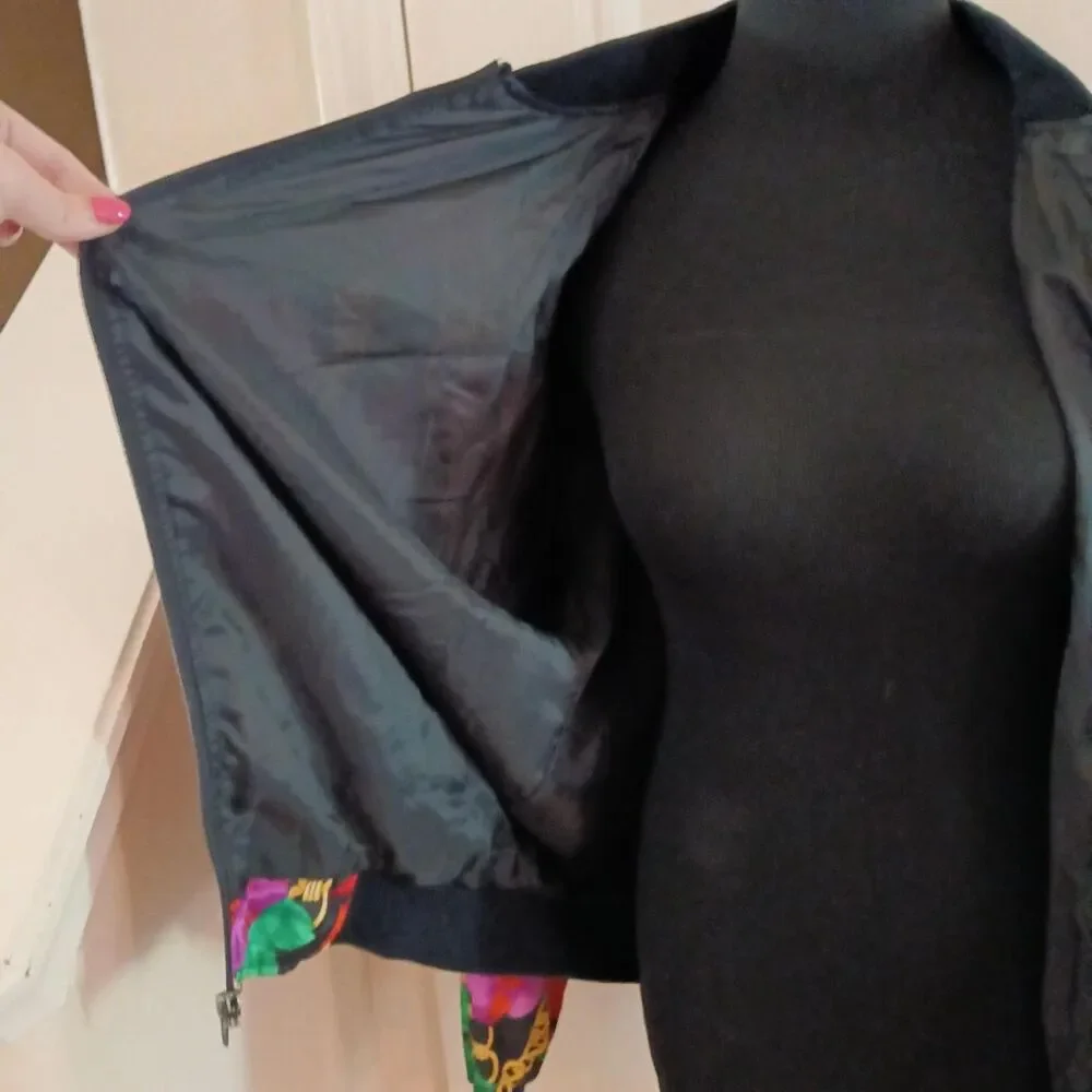 Vintage 90s Vibrant All Over Print Floral Gold Chain Bomber Jacket Dopamine